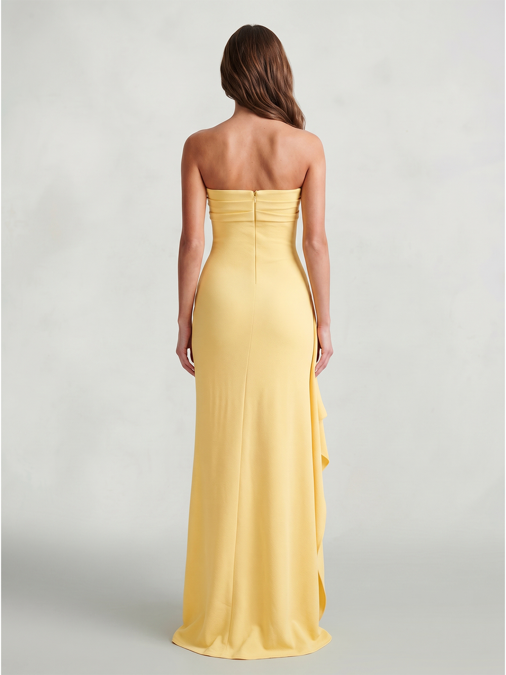 Daffodil Stretch Knit Sheath Straight Neck Back Zip Ankle-Length Bridesmaid Dress with Ruffle - Curvevia