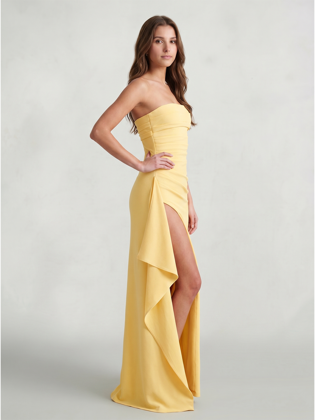 Daffodil Stretch Knit Sheath Straight Neck Back Zip Ankle-Length Bridesmaid Dress with Ruffle - Curvevia