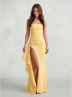 Daffodil Stretch Knit Sheath Straight Neck Back Zip Ankle-Length Bridesmaid Dress with Ruffle - Curvevia