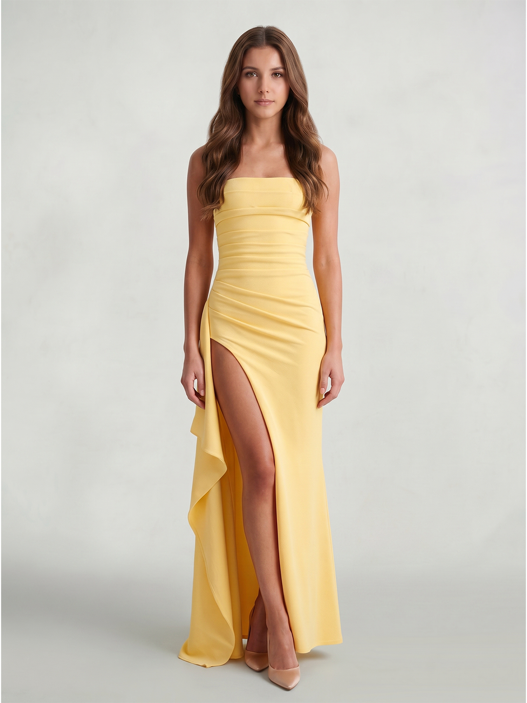Daffodil Stretch Knit Sheath Straight Neck Back Zip Ankle-Length Bridesmaid Dress with Ruffle - Curvevia