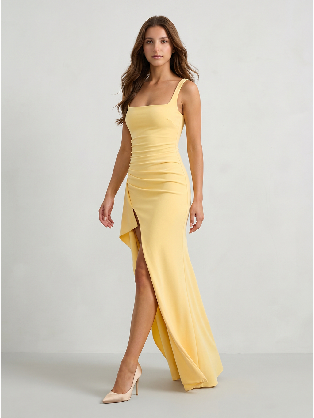 Daffodil Stretch Knit Trumpet Square Neck Back Zip Floor-Length Bridesmaid Dress with Ruffles - Curvevia