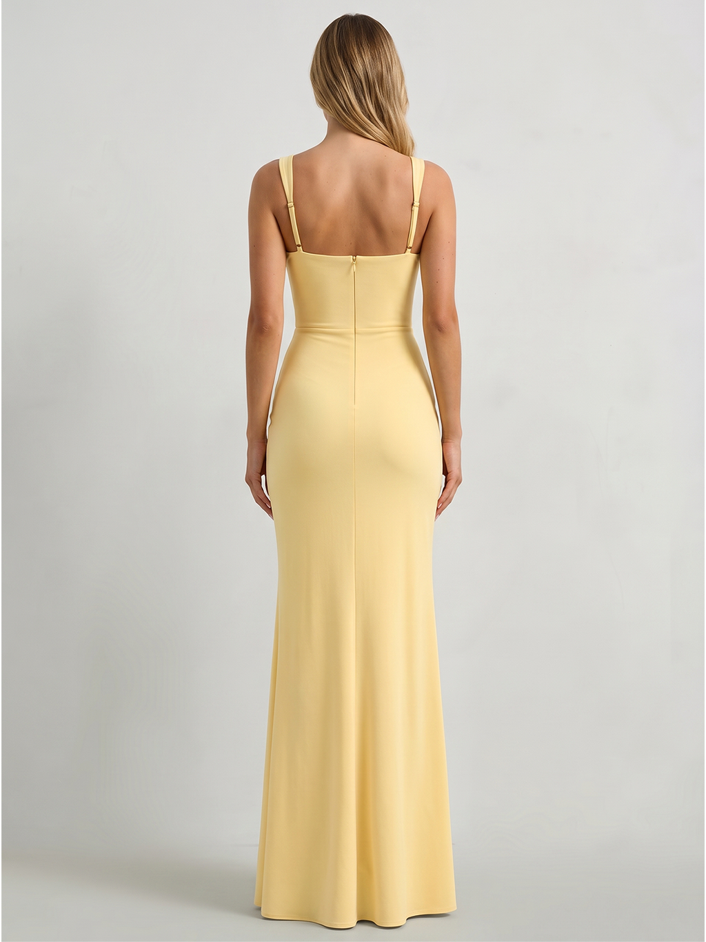 Daffodil Stretch Knit Trumpet Square Neck Back Zip Floor-Length Bridesmaid Dress with Ruffles - Curvevia