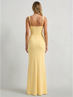 Daffodil Stretch Knit Trumpet Square Neck Back Zip Floor-Length Bridesmaid Dress with Ruffles - Curvevia