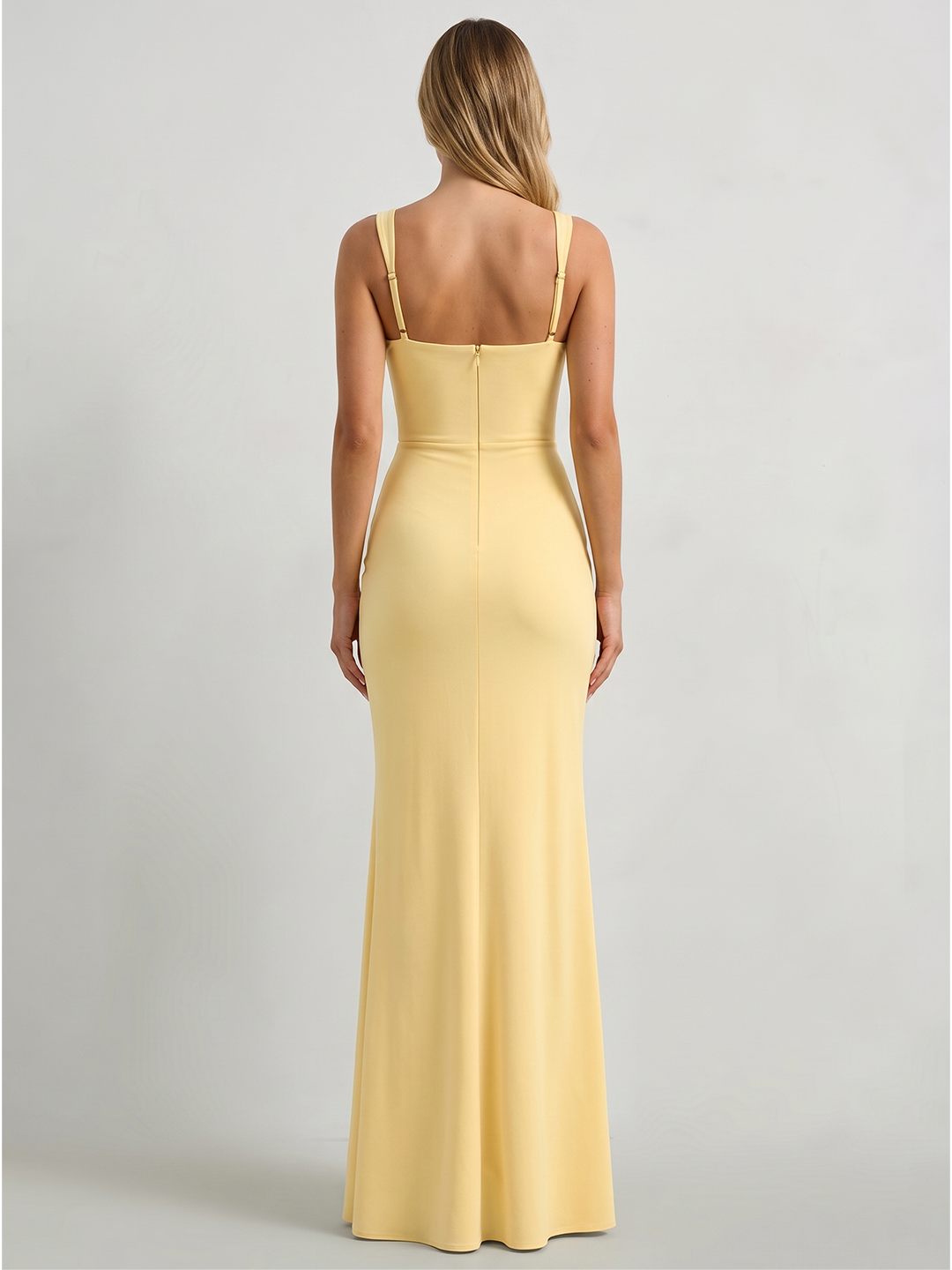 Daffodil Stretch Knit Trumpet Square Neck Back Zip Floor-Length Bridesmaid Dress with Ruffles - Curvevia
