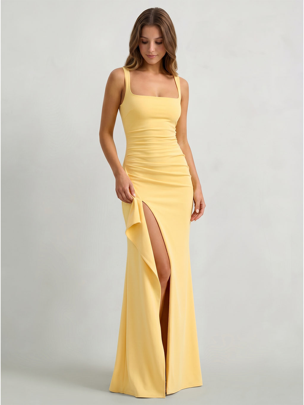 Daffodil Stretch Knit Trumpet Square Neck Back Zip Floor-Length Bridesmaid Dress with Ruffles - Curvevia