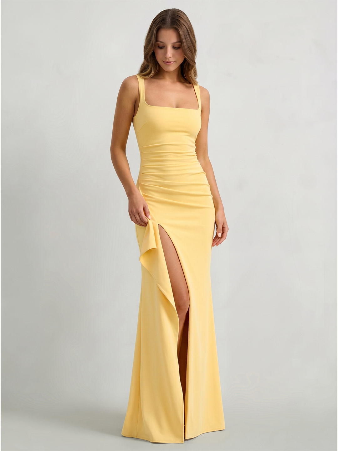 Daffodil Stretch Knit Trumpet Square Neck Back Zip Floor-Length Bridesmaid Dress with Ruffles - Curvevia