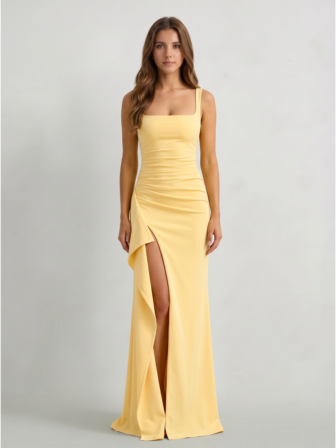 Daffodil Stretch Knit Trumpet Square Neck Back Zip Floor-Length Bridesmaid Dress with Ruffles - Curvevia