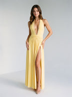 Daffodil Stretch Knit A-Line Halter Neckline Backless Ankle-Length Evening Dress with Pleating - Curvevia
