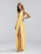 Daffodil Stretch Knit A-Line Halter Neckline Backless Ankle-Length Evening Dress with Pleating - Curvevia