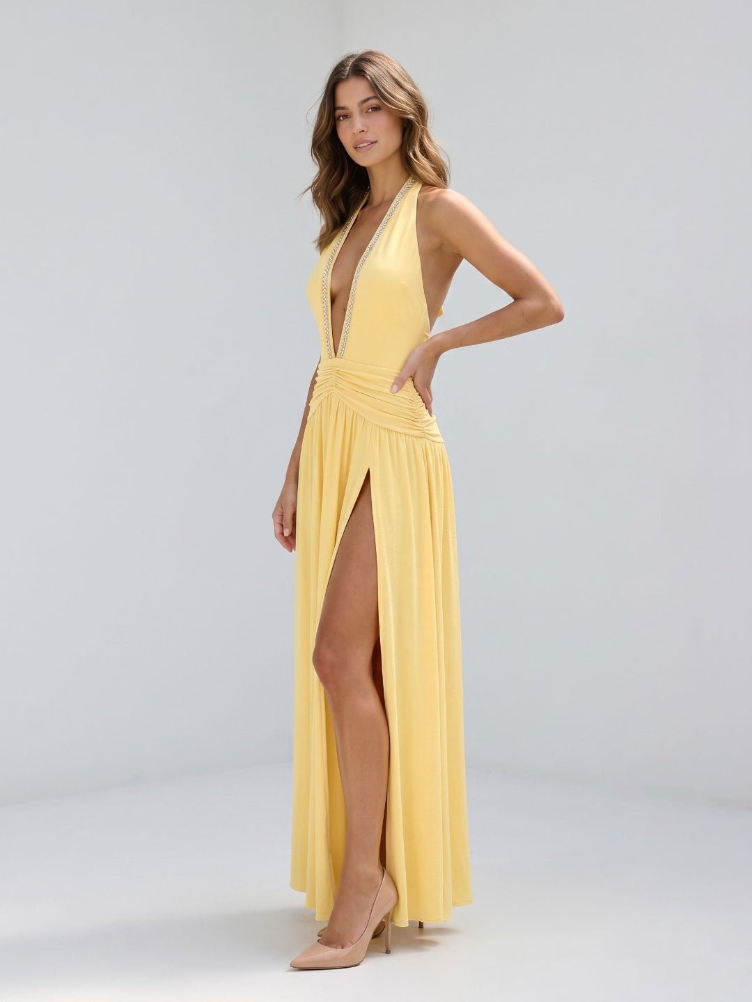 Daffodil Stretch Knit A-Line Halter Neckline Backless Ankle-Length Evening Dress with Pleating - Curvevia