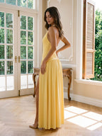 Daffodil Stretch Knit A-Line Halter Neckline Backless Ankle-Length Evening Dress with Pleating - Curvevia