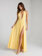 Daffodil Stretch Knit A-Line Halter Neckline Backless Ankle-Length Evening Dress with Pleating - Curvevia