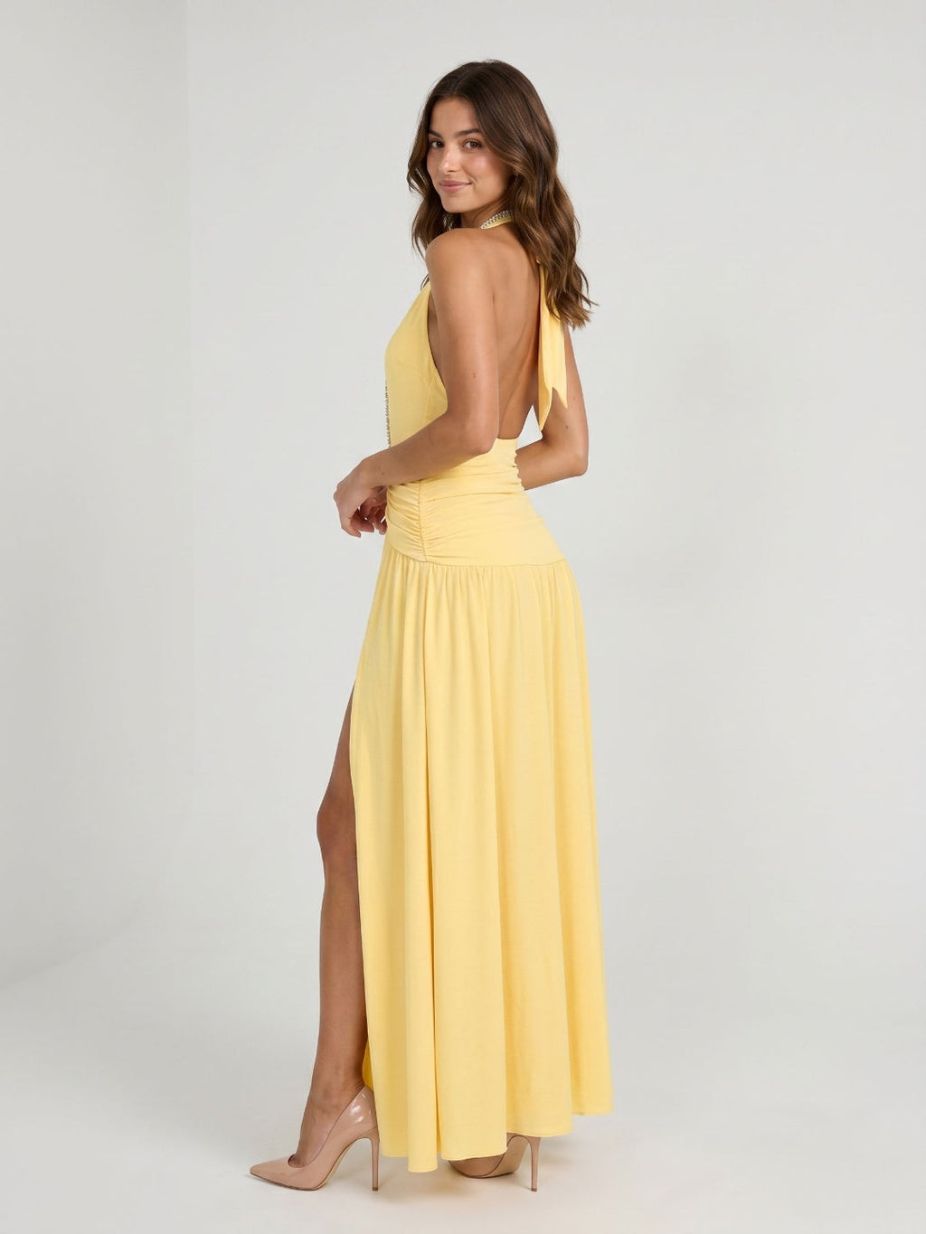 Daffodil Stretch Knit A-Line Halter Neckline Backless Ankle-Length Evening Dress with Pleating - Curvevia