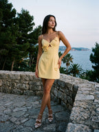 Daffodil Stretch Knit A-Line V-Neck Back Zip Short Dress - Curvevia