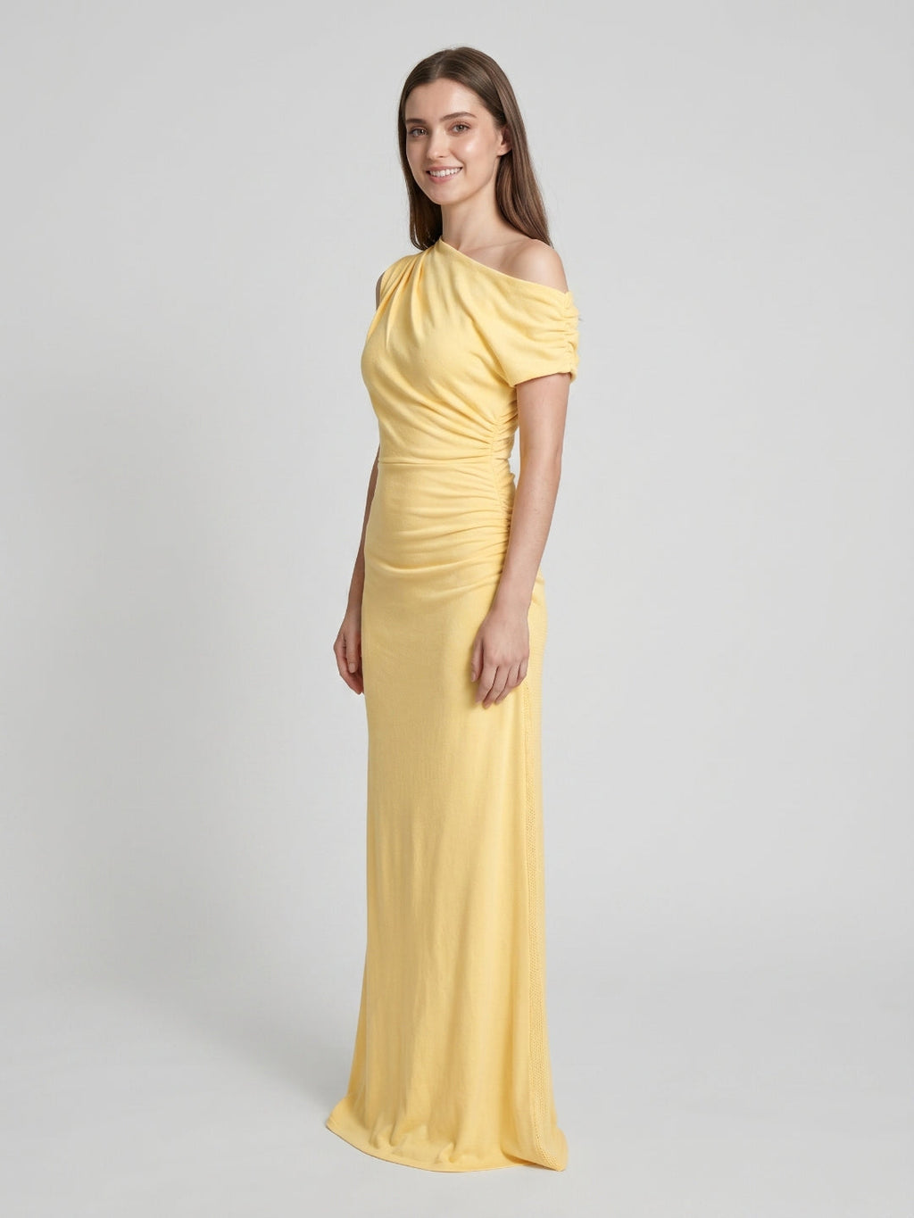Daffodil Stretch Knit Column One Shoulder Floor-Length Bridesmaid Dress - Curvevia
