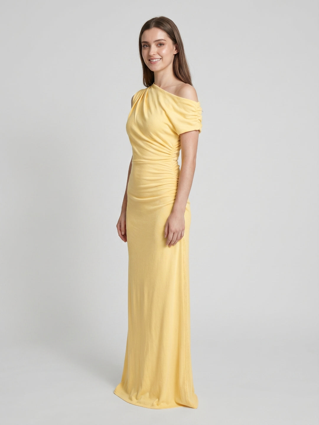 Daffodil Stretch Knit Column One Shoulder Floor-Length Bridesmaid Dress - Curvevia