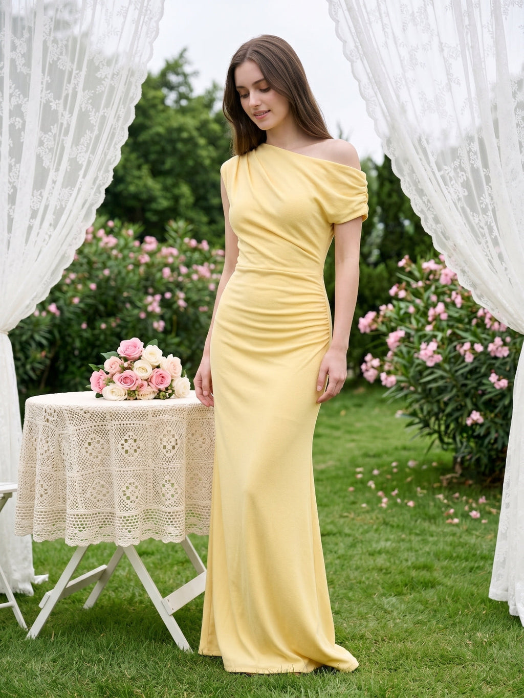 Daffodil Stretch Knit Column One Shoulder Floor-Length Bridesmaid Dress - Curvevia