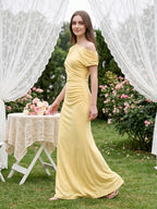 Daffodil Stretch Knit Column One Shoulder Floor-Length Bridesmaid Dress - Curvevia