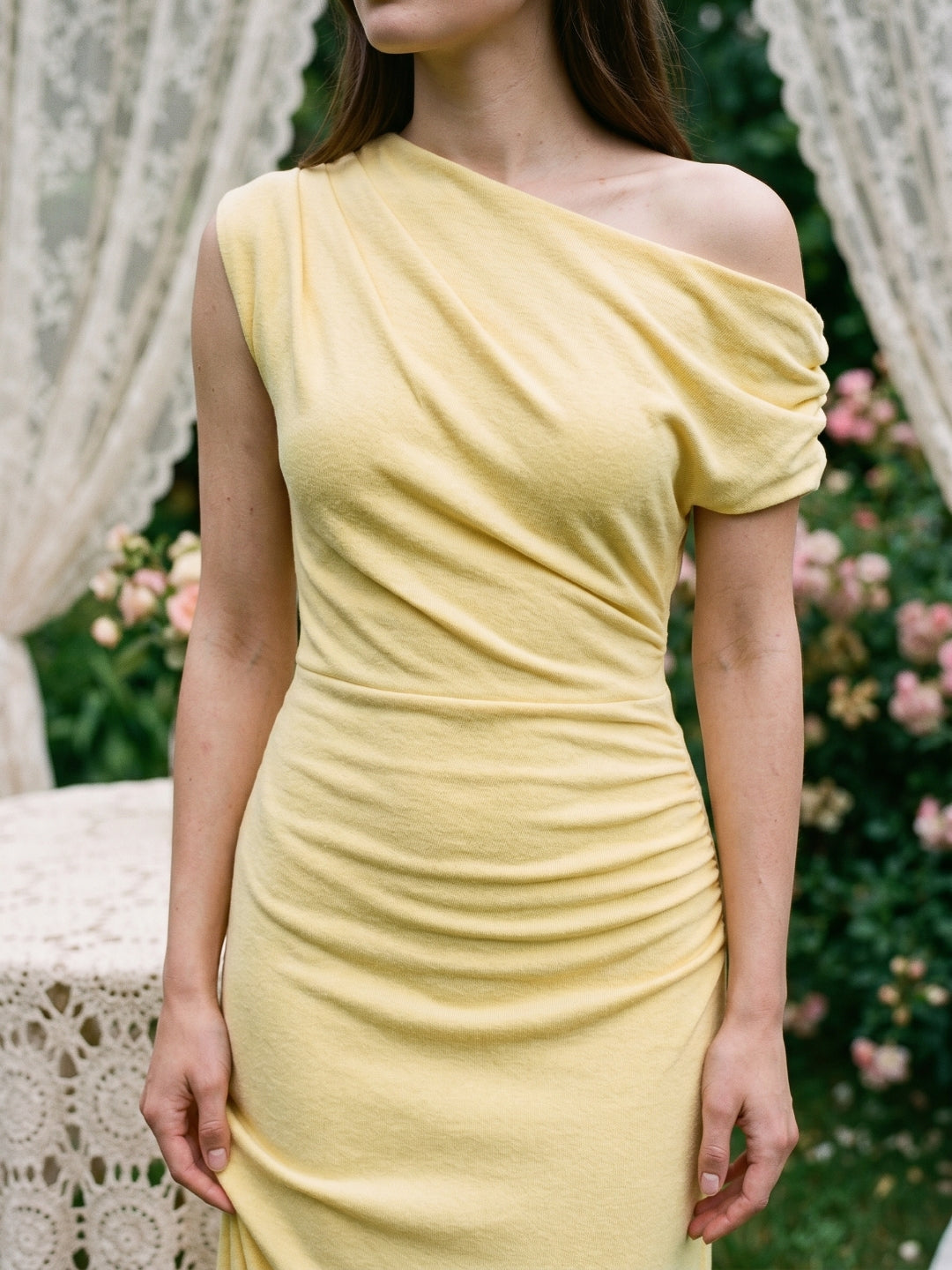 Daffodil Stretch Knit Column One Shoulder Floor-Length Bridesmaid Dress - Curvevia