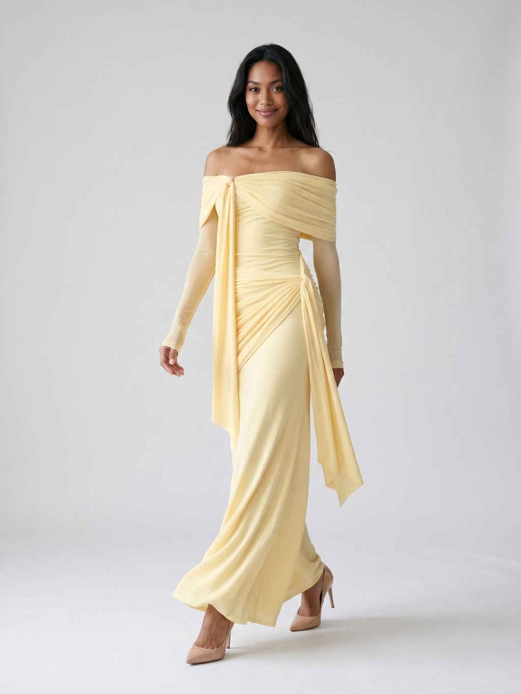 Daffodil Stretch Knit Sheath Off-the-Shoulder Floor-Length Birthday Dress - Curvevia