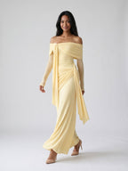 Daffodil Stretch Knit Sheath Off-the-Shoulder Floor-Length Birthday Dress - Curvevia