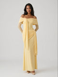 Daffodil Stretch Knit Sheath Off-the-Shoulder Floor-Length Birthday Dress - Curvevia