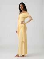 Daffodil Stretch Knit Sheath Off-the-Shoulder Floor-Length Birthday Dress - Curvevia