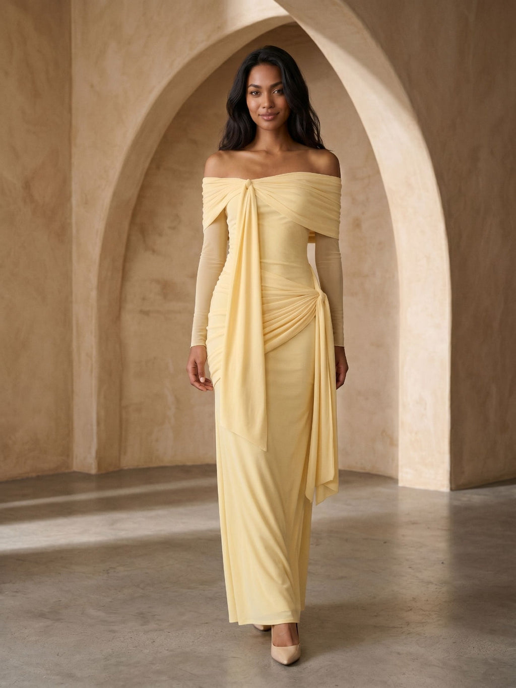 Daffodil Stretch Knit Sheath Off-the-Shoulder Floor-Length Birthday Dress - Curvevia