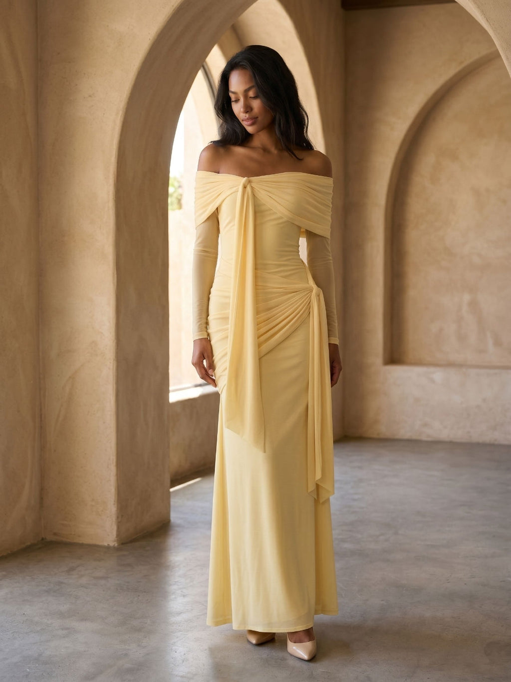 Daffodil Stretch Knit Sheath Off-the-Shoulder Floor-Length Birthday Dress - Curvevia