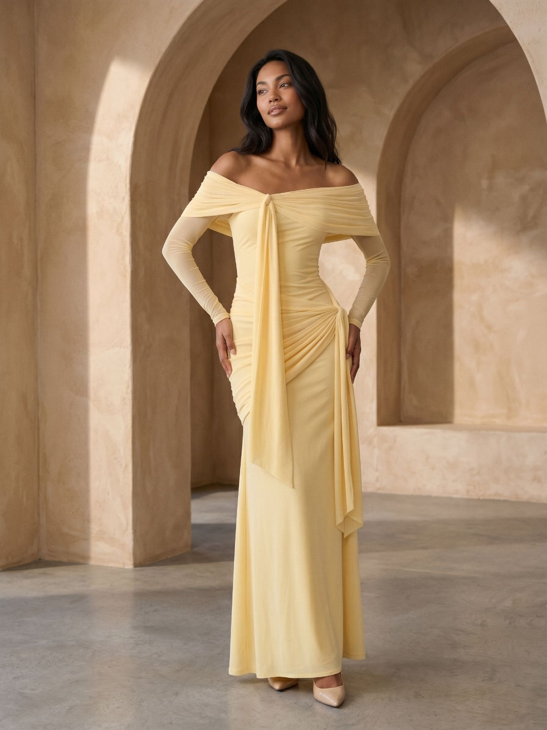 Daffodil Stretch Knit Sheath Off-the-Shoulder Floor-Length Birthday Dress - Curvevia