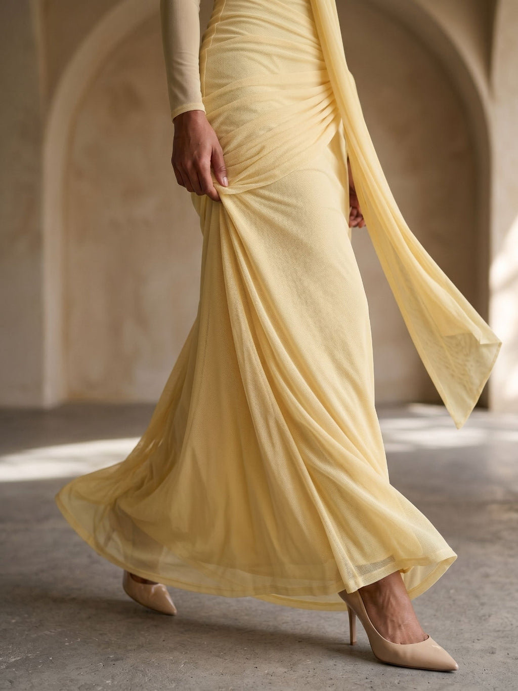 Daffodil Stretch Knit Sheath Off-the-Shoulder Floor-Length Birthday Dress - Curvevia