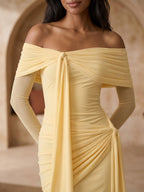 Daffodil Stretch Knit Sheath Off-the-Shoulder Floor-Length Birthday Dress - Curvevia