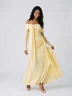 Daffodil Stretch Knit Sheath Off-the-Shoulder Floor-Length Birthday Dress - Curvevia