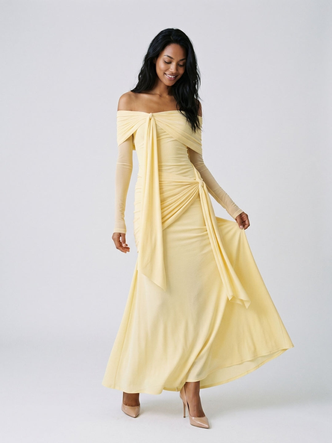 Daffodil Stretch Knit Sheath Off-the-Shoulder Floor-Length Birthday Dress - Curvevia