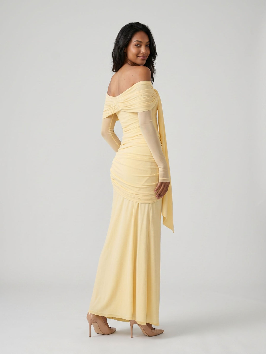 Daffodil Stretch Knit Sheath Off-the-Shoulder Floor-Length Birthday Dress - Curvevia