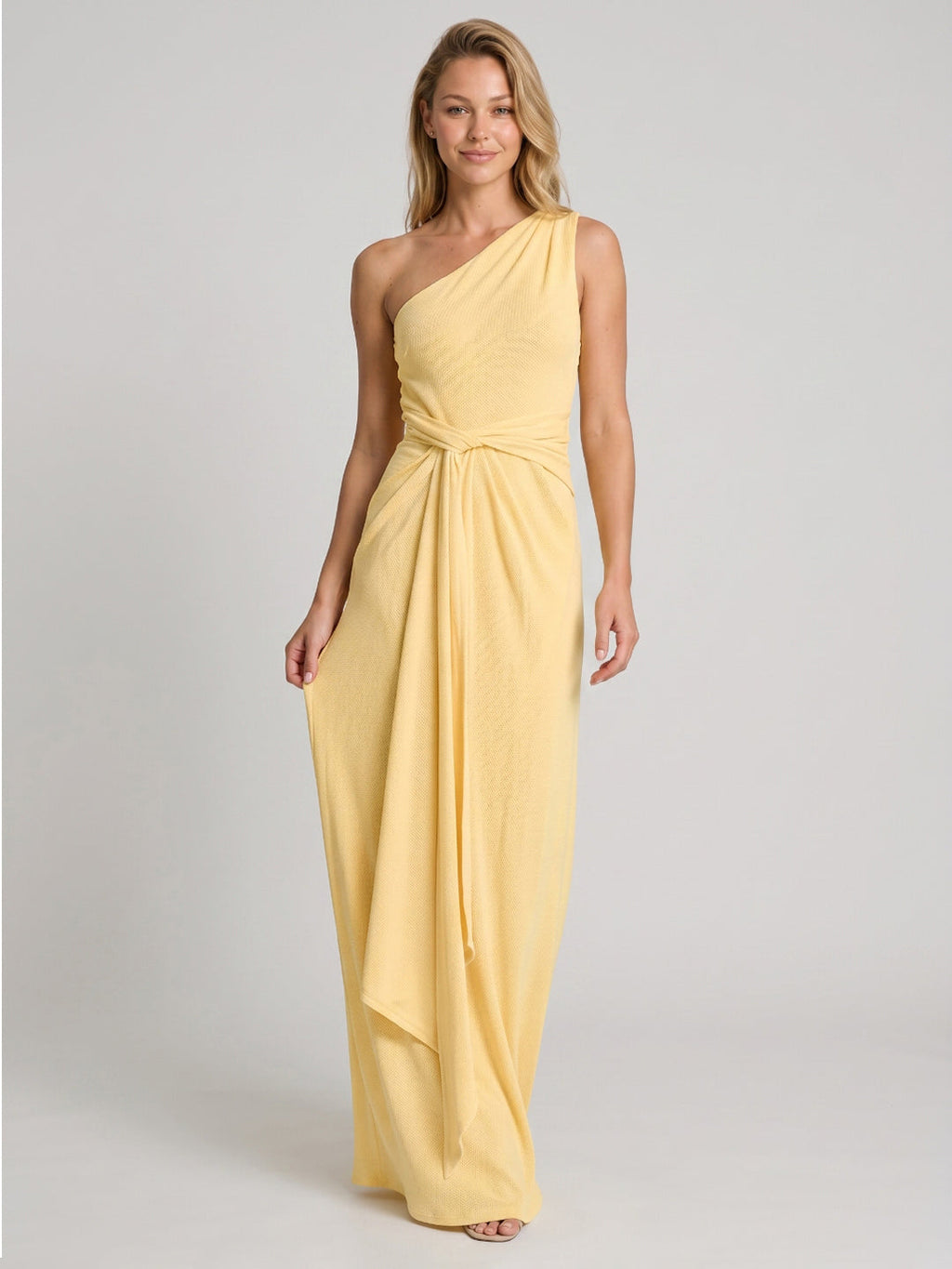Daffodil Stretch Knit Sheath One Shoulder Floor-Length Bridesmaid Dress - Curvevia