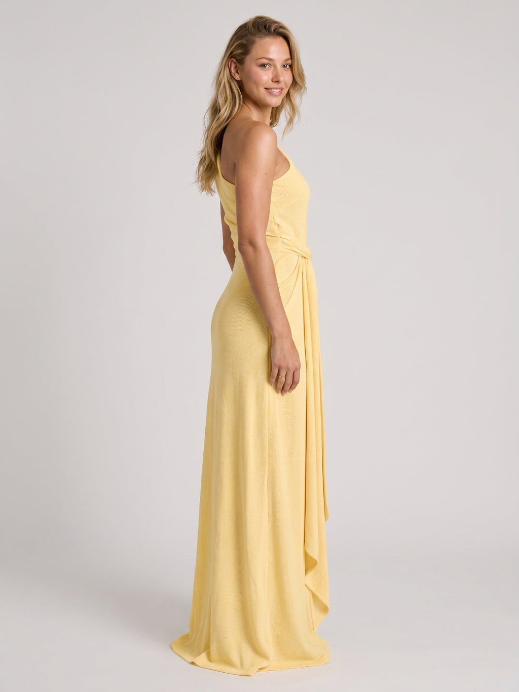 Daffodil Stretch Knit Sheath One Shoulder Floor-Length Bridesmaid Dress - Curvevia