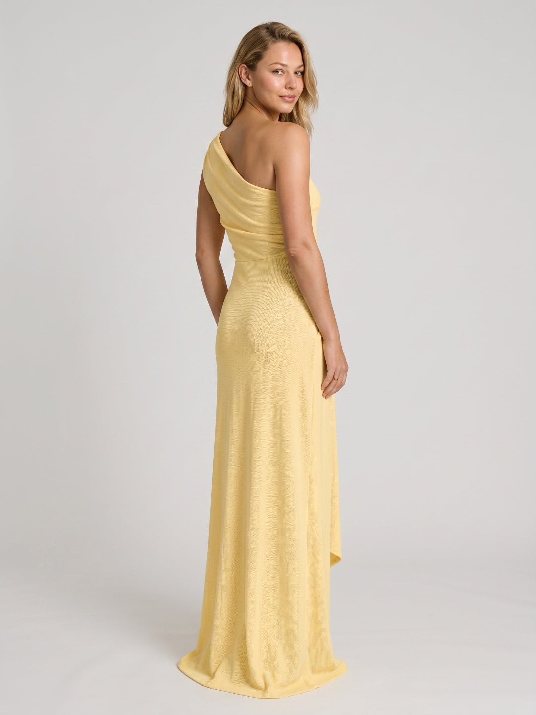 Daffodil Stretch Knit Sheath One Shoulder Floor-Length Bridesmaid Dress - Curvevia