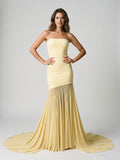 Daffodil Stretch Knit Sheath Straight Neck Floor-Length Birthday Dress with Pleating - Curvevia