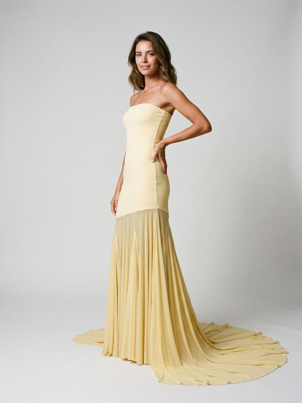 Daffodil Stretch Knit Sheath Straight Neck Floor-Length Birthday Dress with Pleating - Curvevia