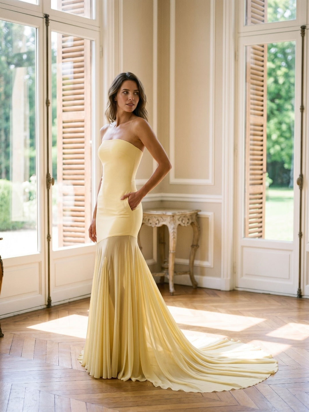 Daffodil Stretch Knit Sheath Straight Neck Floor-Length Birthday Dress with Pleating - Curvevia