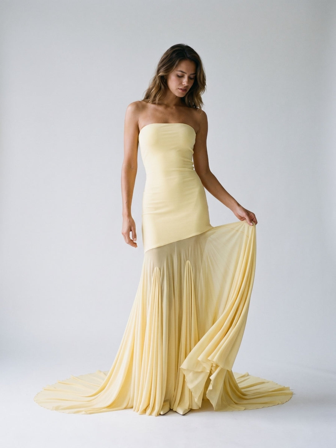Daffodil Stretch Knit Sheath Straight Neck Floor-Length Birthday Dress with Pleating - Curvevia