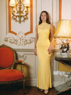 Daffodil Stretch Knit Trumpet Scoop Neck Illusion Floor-Length Bridesmaid Dress with Pleats - Curvevia