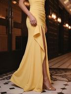 Daffodil Stretch Knit Trumpet Square Neck Back Zip Floor-Length Bridesmaid Dress with Ruffles - Curvevia