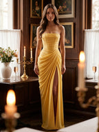 Daffodil Stretch knit A-Line Straight Neck Criss-Cross Bridesmaid Dress with Pleats - Curvevia