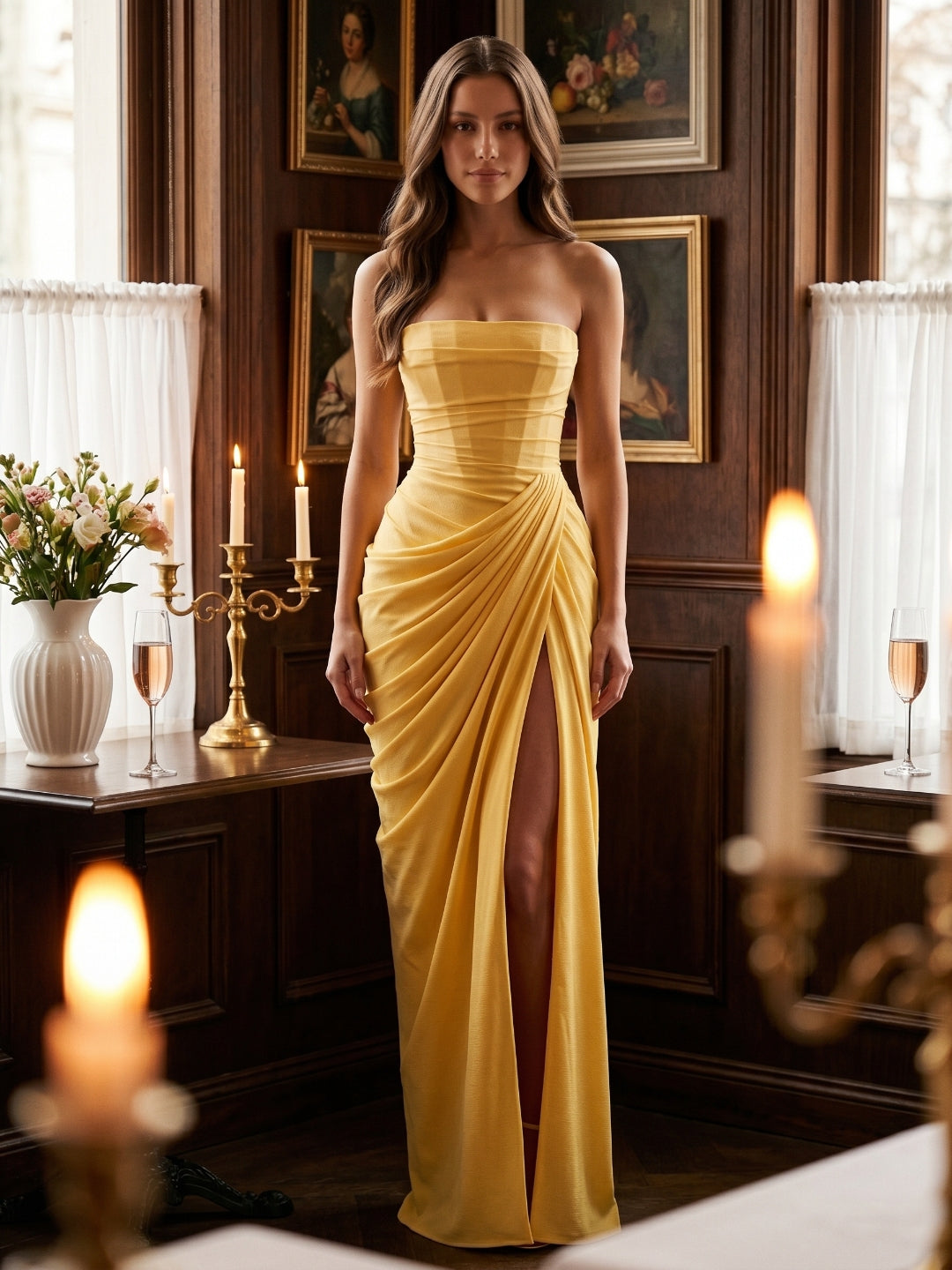 Daffodil Stretch knit A-Line Straight Neck Criss-Cross Bridesmaid Dress with Pleats - Curvevia