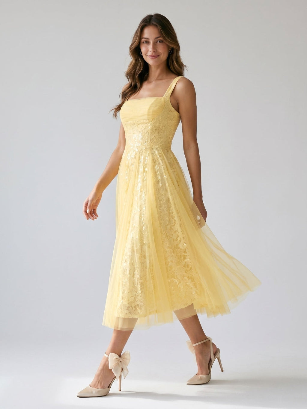 Daffodil Tulle A-Line Square Neck Back Zip Tea-Length Dress with Sequins - Curvevia