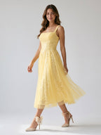 Daffodil Tulle A-Line Square Neck Back Zip Tea-Length Dress with Sequins - Curvevia