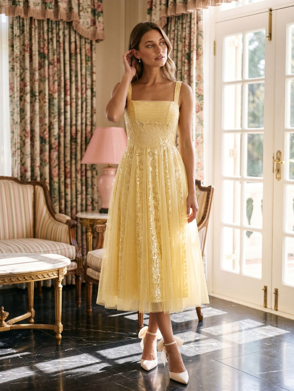 Daffodil Tulle A-Line Square Neck Back Zip Tea-Length Dress with Sequins - Curvevia