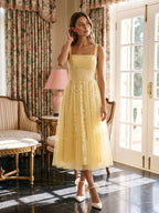 Daffodil Tulle A-Line Square Neck Back Zip Tea-Length Dress with Sequins - Curvevia